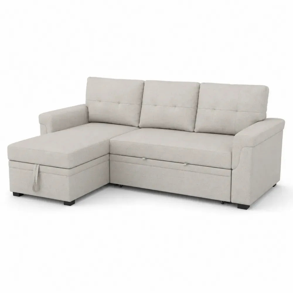 Schlafsofa Ecksofa in L-Form mit Bettkasten links beigem Polyestergewebe schwarzen Füßen 225 x 150 x 86 cm