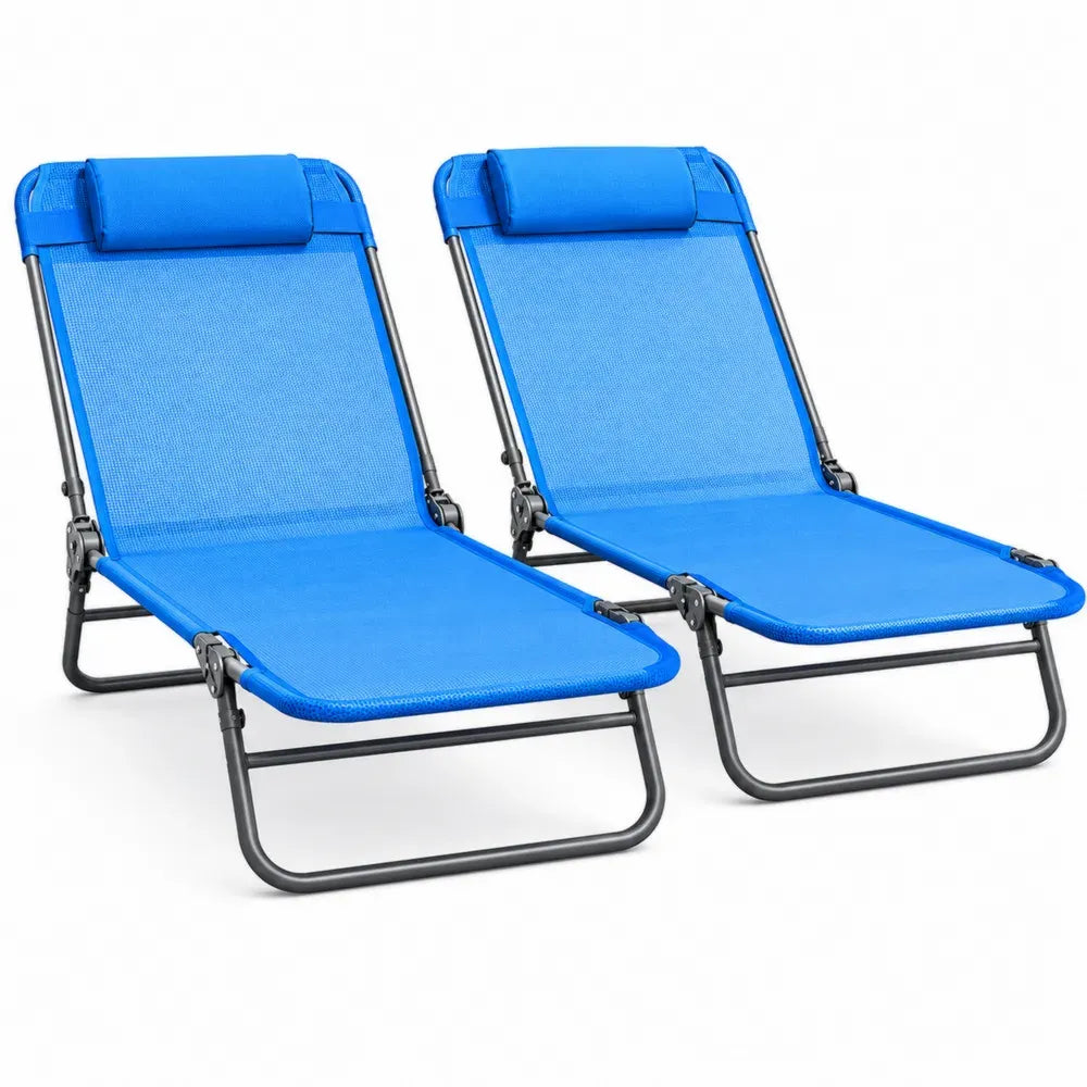 2er Set Strandliegen klappbare verstellbare Gartenliegen aus pulverbeschichtetem Stahl mit blauem Textilene und Kopfkissen 145 x 56 x 80 cm