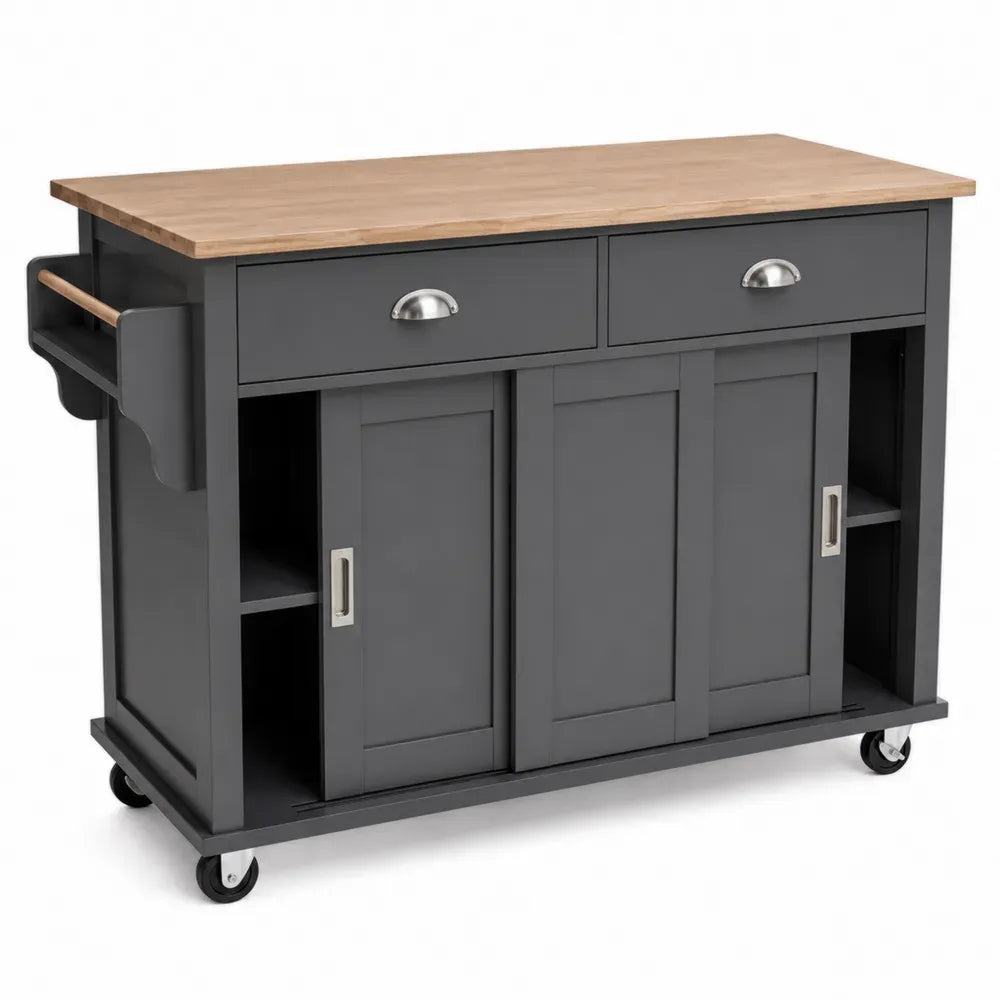 Küchenwagen Servierwagen mit Rollen 2 Schubladen Schiebetüren 120 x 45 x 90 cm MDF Kautschukholz rechteckig Dunkelgrau Natur Silber Schwarz