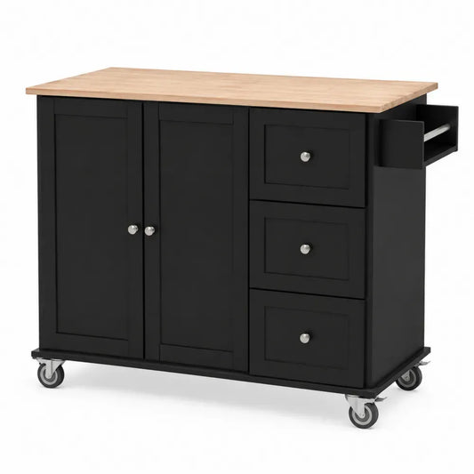 Küchenwagen Servierwagen mit Rollen 107 x 45 x 90 cm Gummibaum Massivholz MDF Edelstahl rechteckig Schwarz Natur Silber
