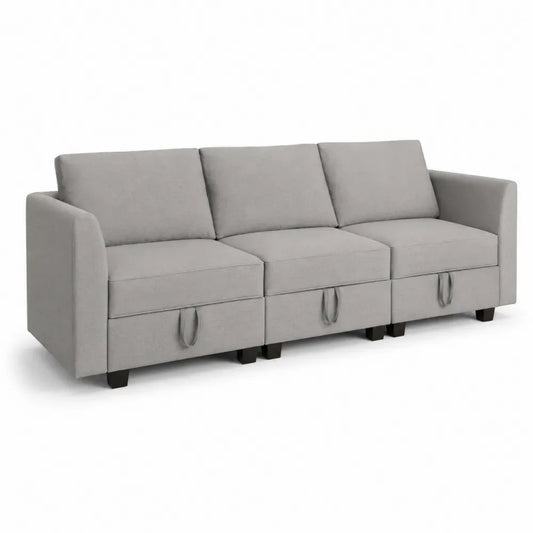 3-Sitzer Sofa mit Stauraum grauem Polyestergewebe rechteckiger Form Armlehnen schwarzen Füßen 198 x 82 x 86 cm