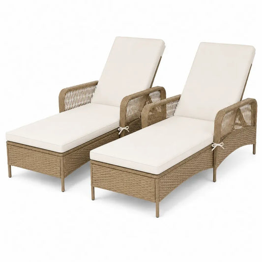 2er Set Gartenliege Sonnenliege mit Armlehnen PE-Rattan Stahlrahmen Polyesterauflage rechteckig Naturbeige Creme je 198 x 74 x 92 cm