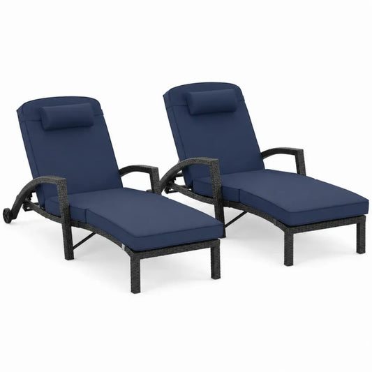 2er Set Gartenliegen Sonnenliegen rechteckig je 198 x 72 x 96 cm Polyethylen-Rattan Stahl Polyester Dunkelgrau Marineblau