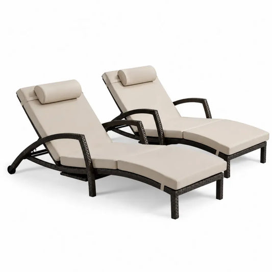 2er Set Gartenliegen Sonnenliegen rechteckig je 198 x 72 x 95 cm Polyethylen-Rattan Stahl Polyester Dunkelbraun Beige