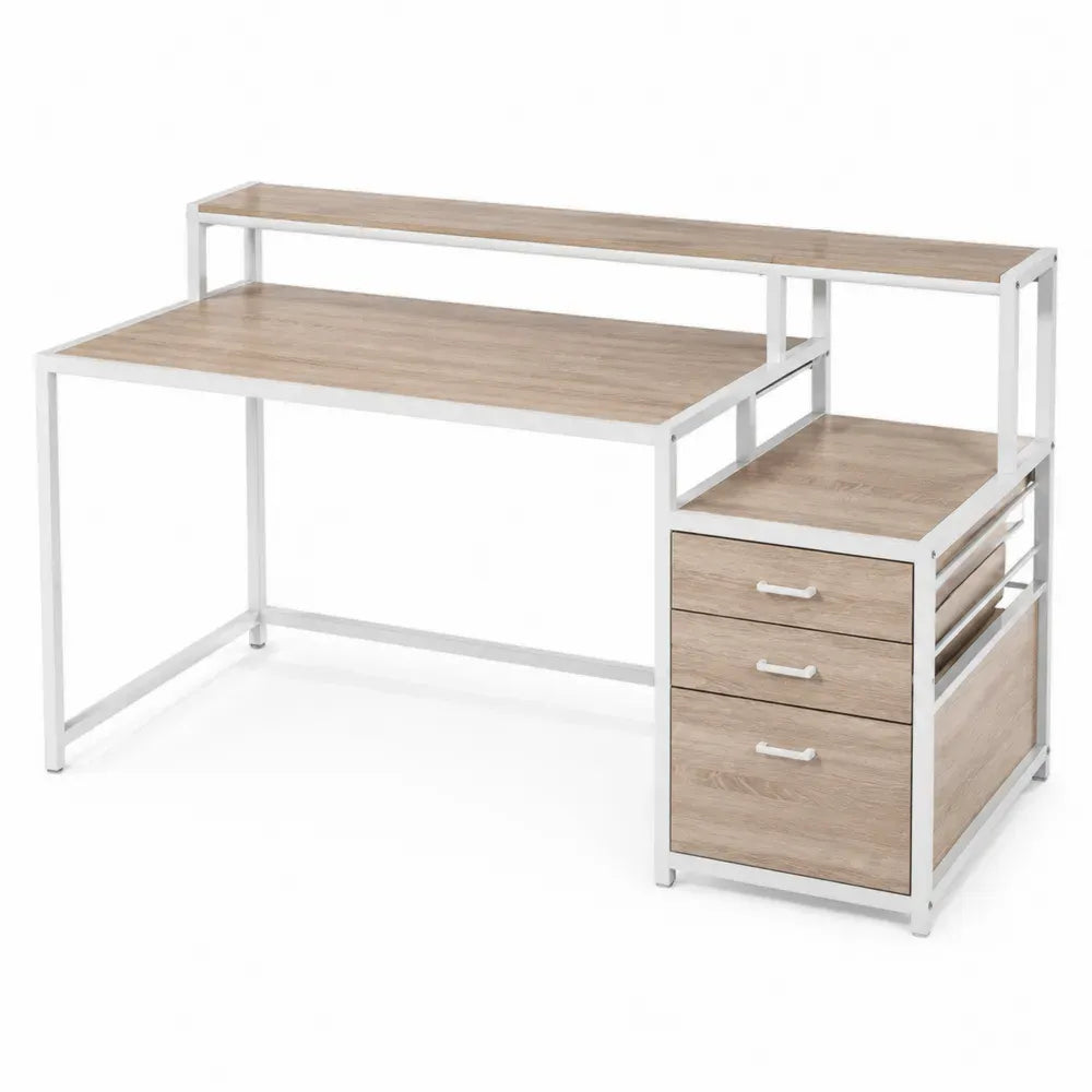 Schreibtisch mit Regalaufsatz 3 Schubladen 140 x 60 x 92 cm Stahlrahmen melaminbeschichtete Spanplatte rechteckig Eiche Weiß