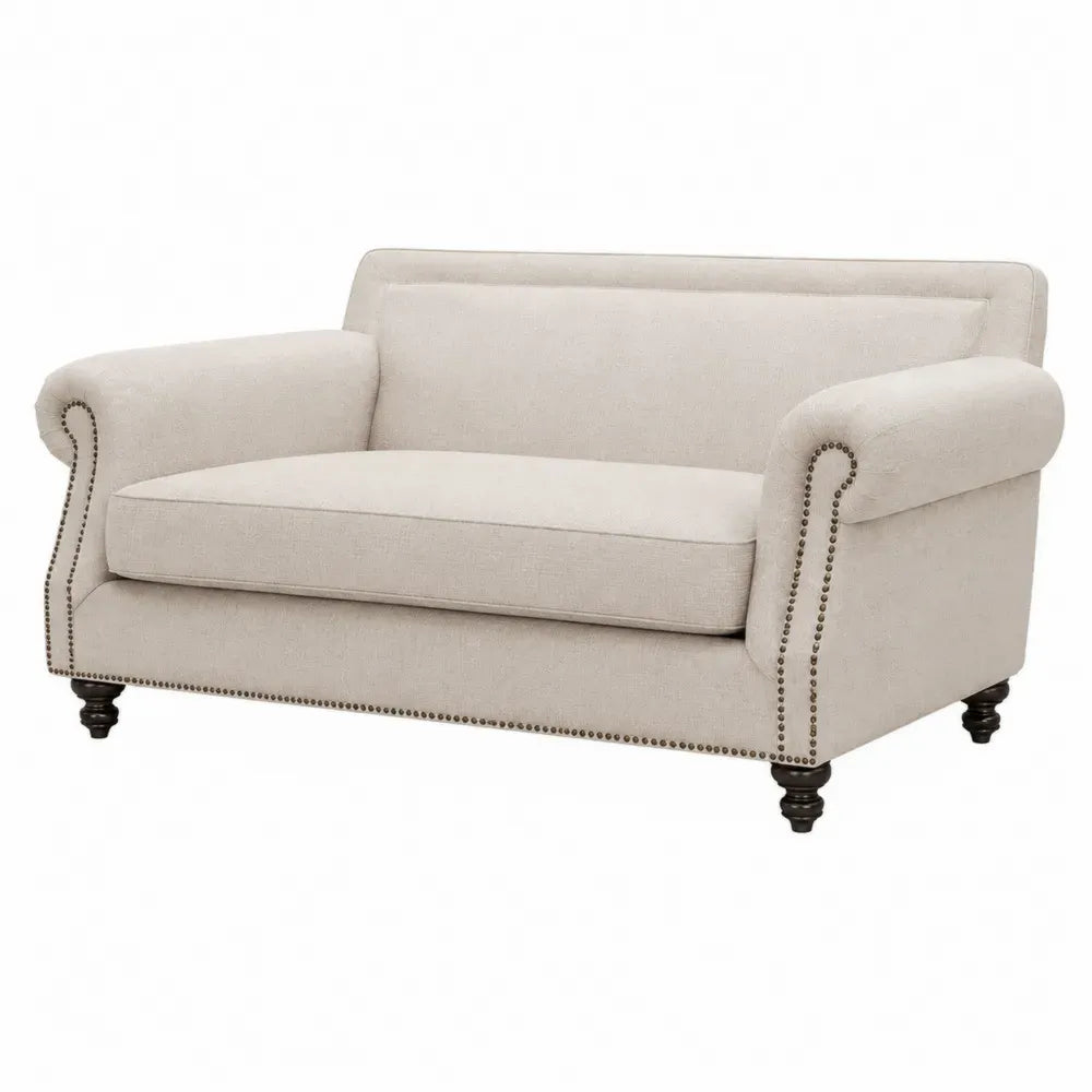 2-Sitzer Sofa mit gerollten Armlehnen Polyestergewebe Kiefernholz Sperrholzrahmen rechteckig Beige Dunkelbraun Messingfarben 172 x 86 x 82 cm