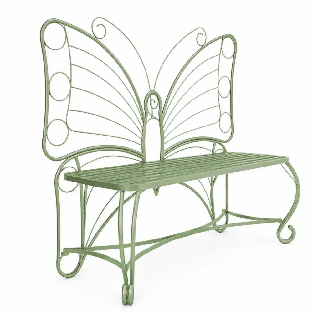 Gartenbank 2-Sitzer Schmetterlingsform aus pulverbeschichtetem Stahl mit Latten-Sitzfläche hellgrün 150 x 60 x 135 cm