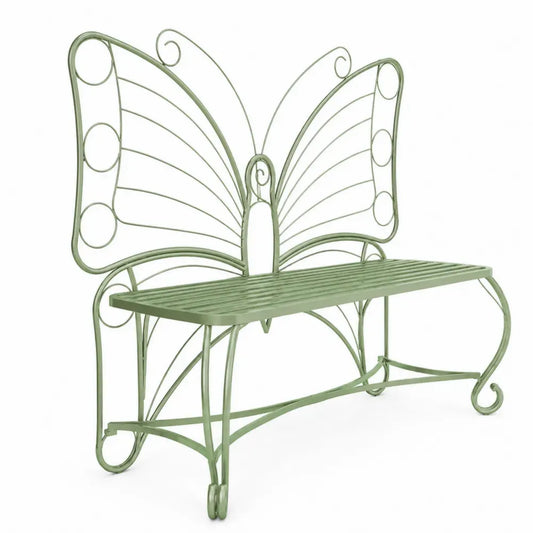 Gartenbank 2-Sitzer Schmetterlingsform aus pulverbeschichtetem Stahl mit Latten-Sitzfläche hellgrün 150 x 60 x 135 cm