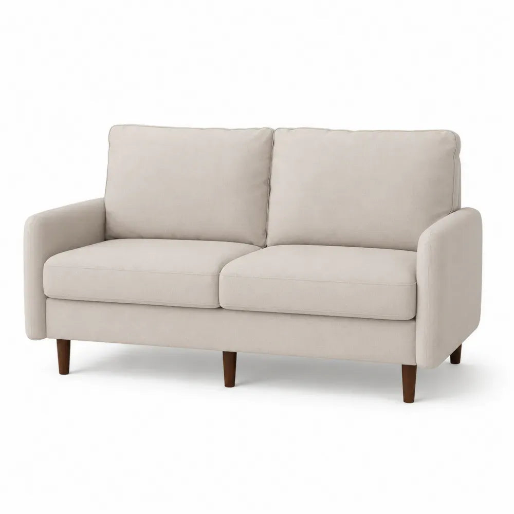 2-Sitzer Sofa mit Armlehnen beigem Polyesterbezug braunen Kautschukholzbeinen rechteckig 150 x 78 x 84 cm