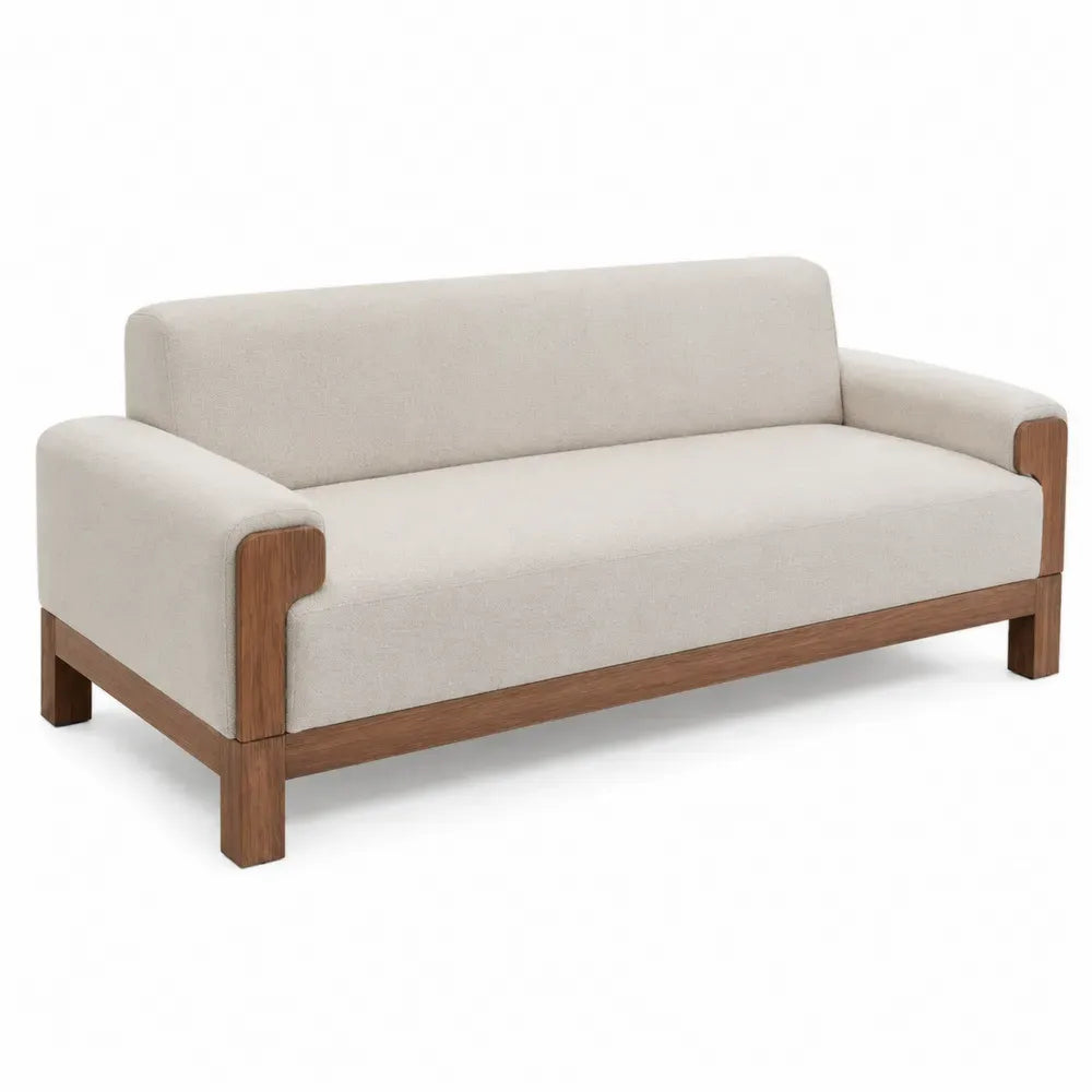 3-Sitzer Sofa mit Armlehnen Polyestergewebe Kautschukholzrahmen rechteckig Beige Walnussbraun 205 x 82 x 78 cm