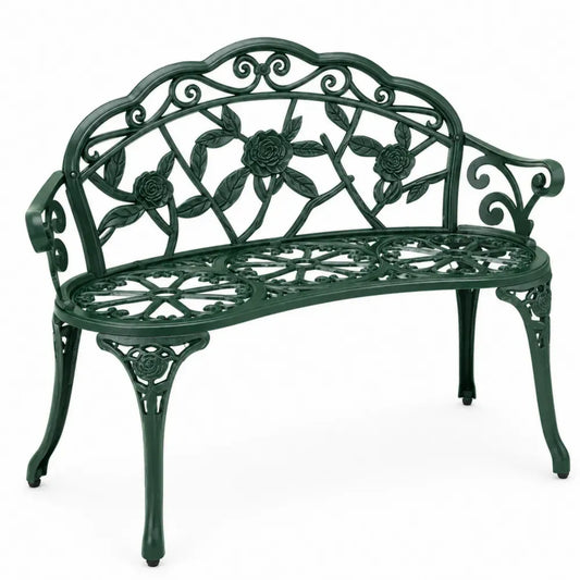 Gartenbank 2-Sitzer aus dunkelgrünem Aluminiumguss mit Armlehnen Rosenrelief und ornamentaler Sitzfläche 104 x 54 x 86 cm